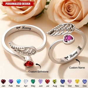 Personalized Wing And Heart Birthstone Ring - Remembering Loved One & Pet