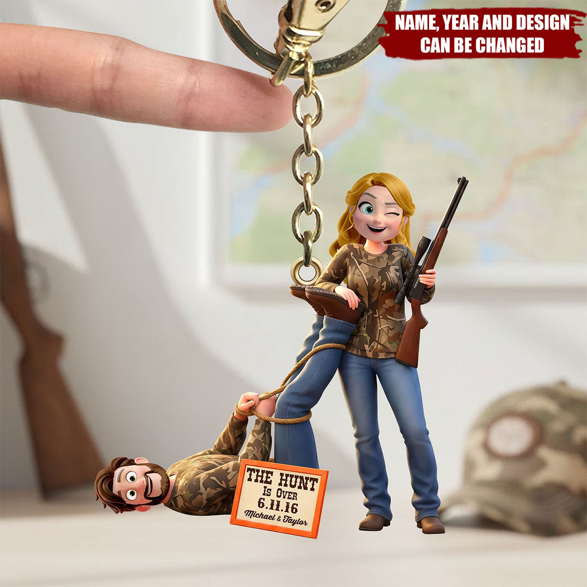 Personalized Couple Hunting Keychain – Custom Name & Date Funny Engagement Gift