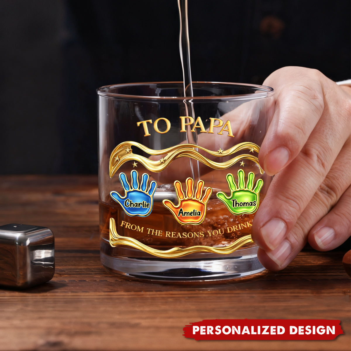 Personalized “To Papa” Whiskey Glass with Kids Handprints & Names - Father’s Day Gift