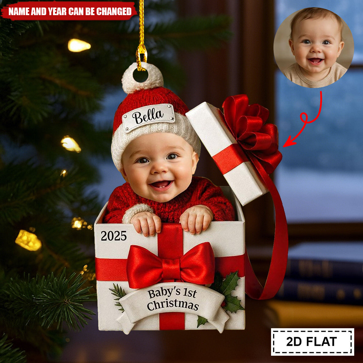 Baby’s First Christmas Gift Box Ornament - Custom Name & Year
