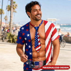 Personalized Optical Illusion Men’s Open Flag Shirt Tie Belt & Women’s Bikini Print Patriotic T-Shirt
