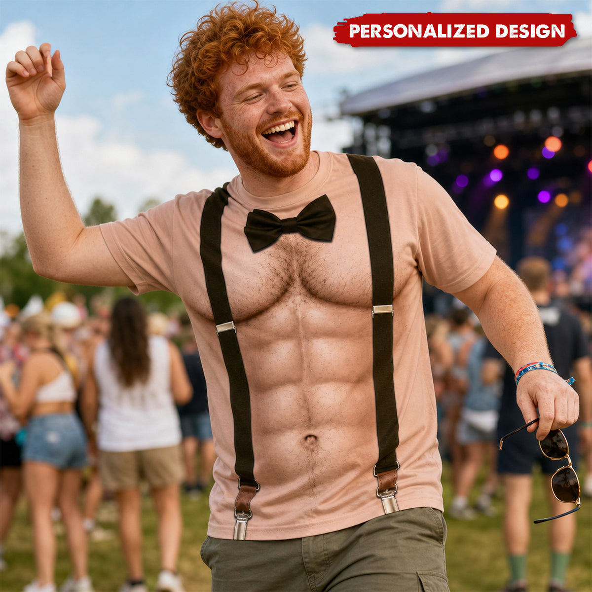 Personalized Bow Tie & Suspenders Muscular T-Shirt