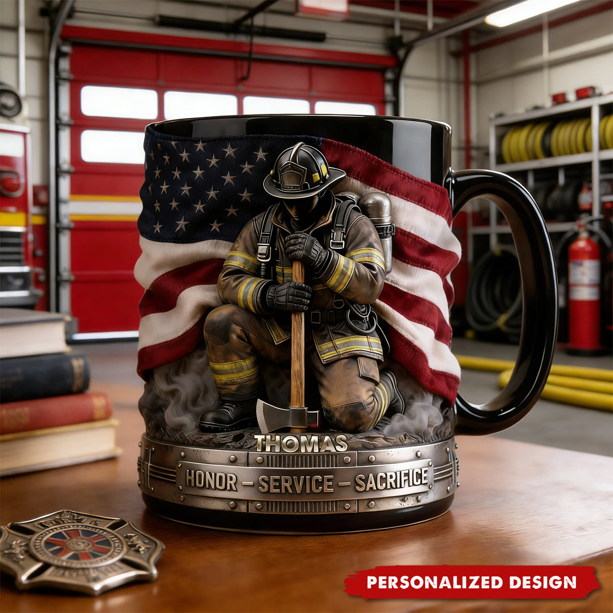 Personalized Firefighter Hero Mug — Patriotic American Flag Tribute Gift