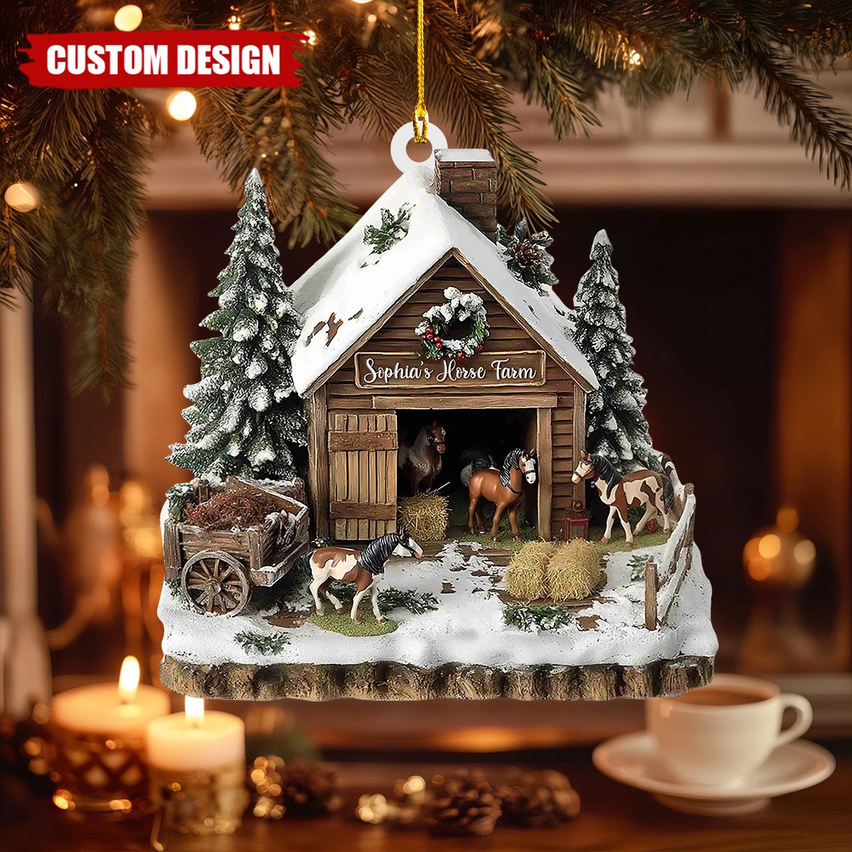 Custom Horse Farm Christmas Ornament – Personalized Winter Barn Scene