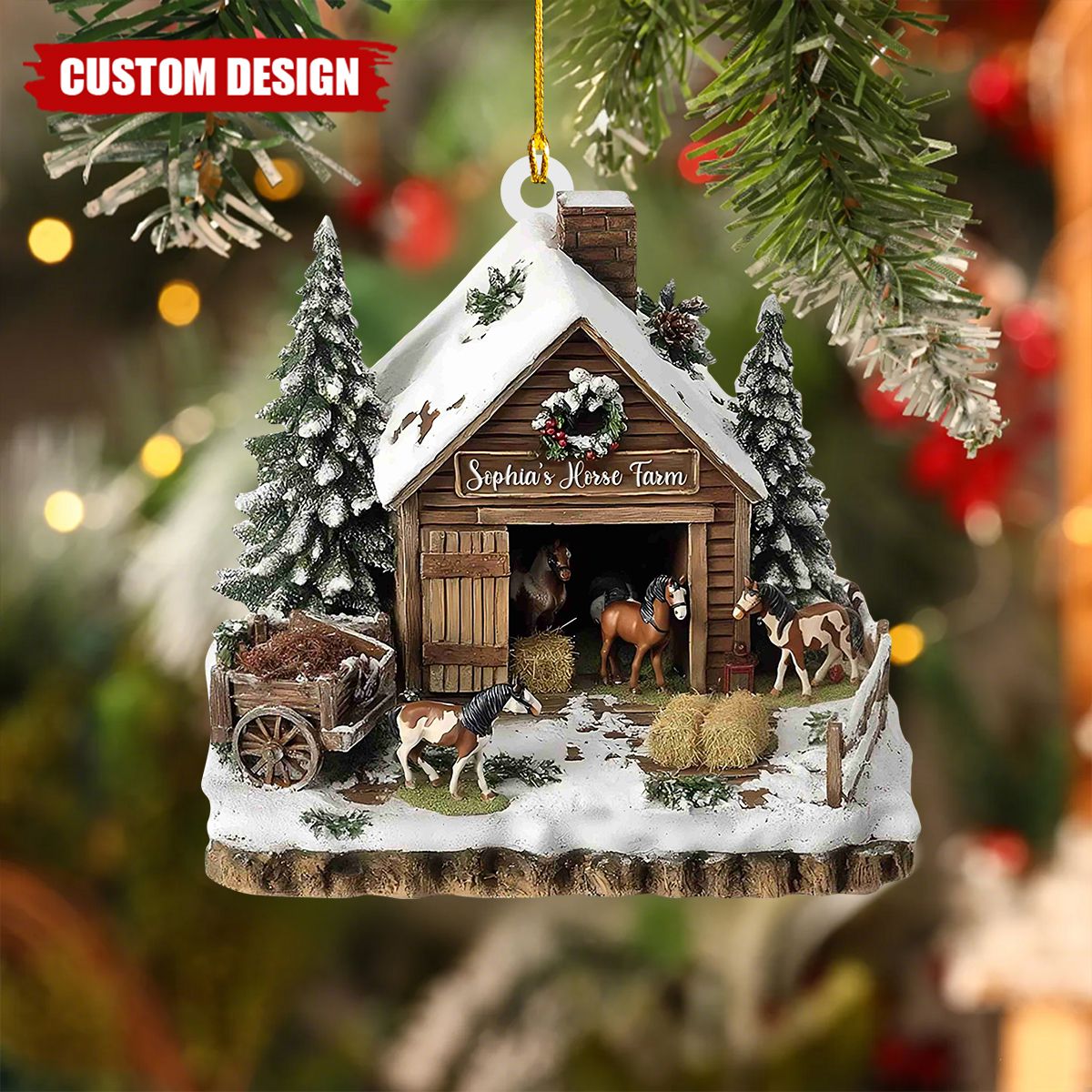 Custom Horse Farm Christmas Ornament – Personalized Winter Barn Scene