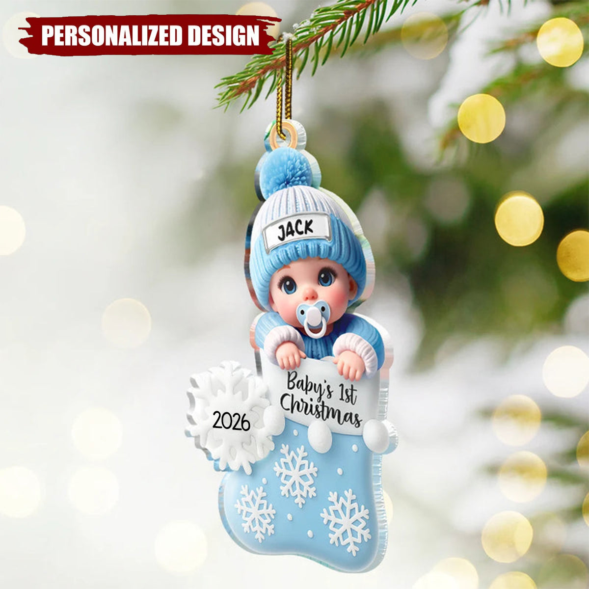 Personalized Snowflake Decorated Stocking Christmas Acrylic Ornament - Custom Baby Name & Year