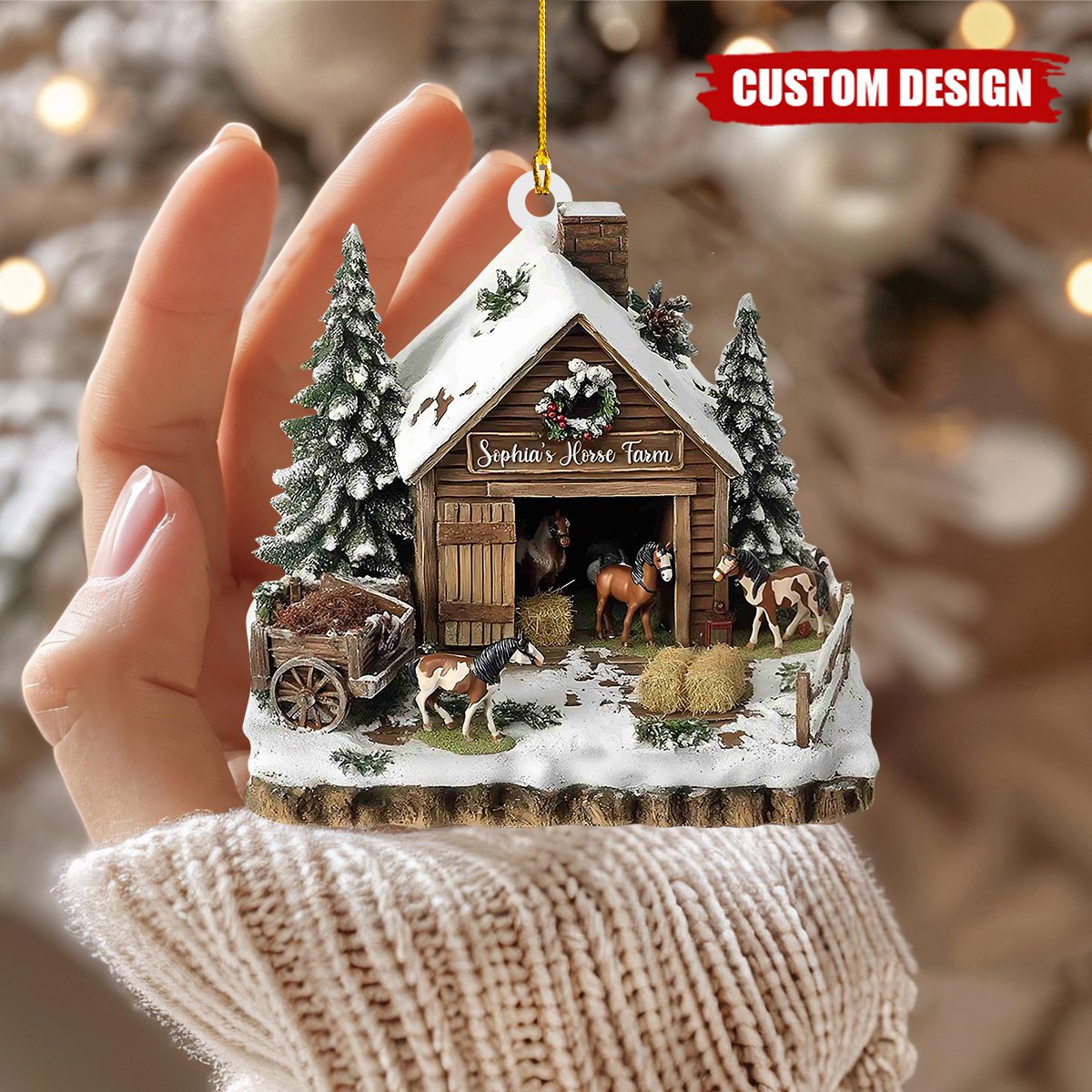Custom Horse Farm Christmas Ornament – Personalized Winter Barn Scene