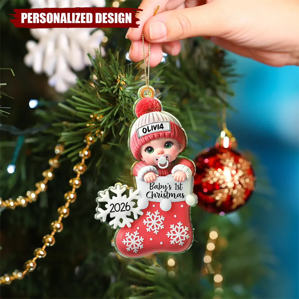 Personalized Snowflake Decorated Stocking Christmas Acrylic Ornament - Custom Baby Name & Year