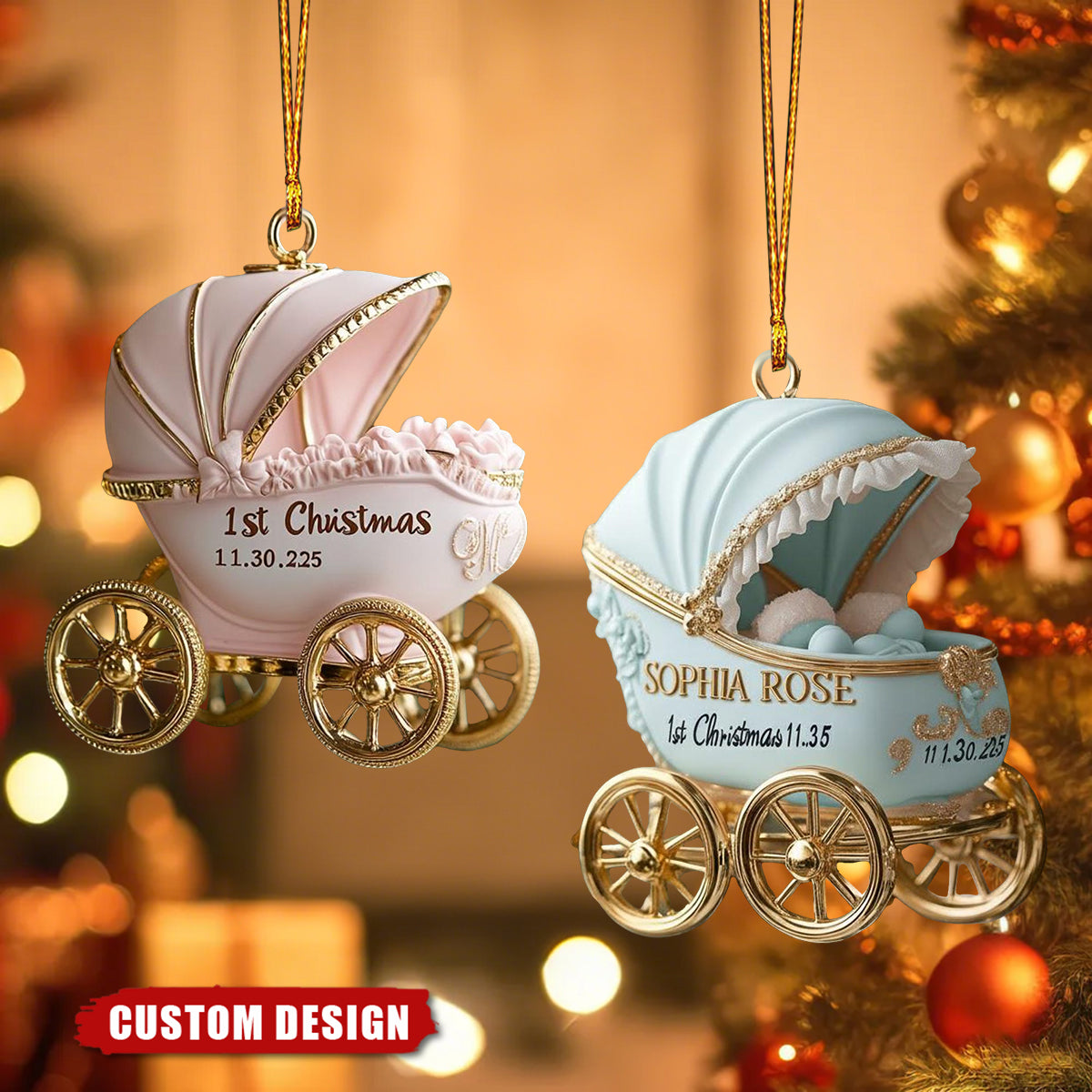 Personalized Baby Carriage Christmas Ornament – Custom Name & Date