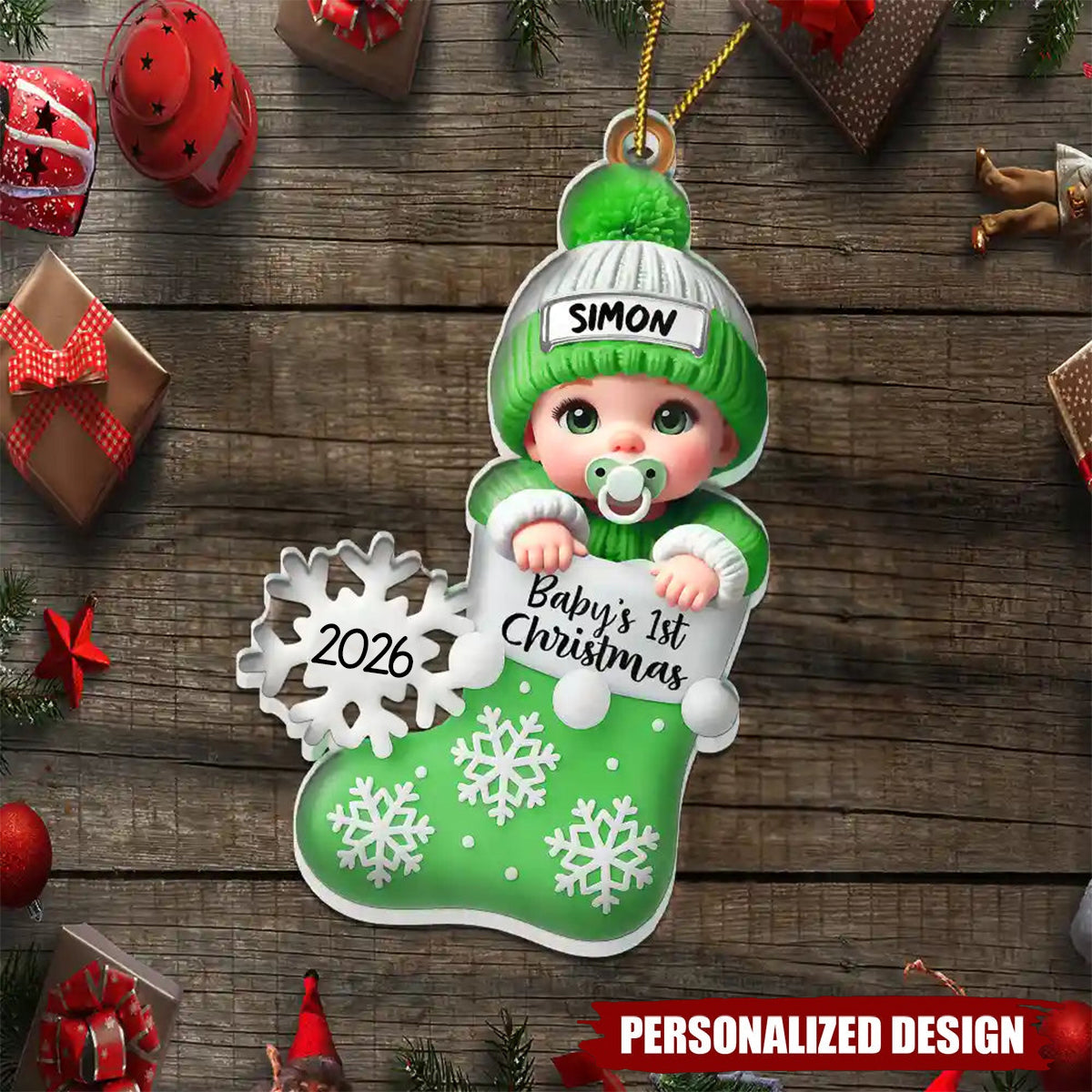 Personalized Snowflake Decorated Stocking Christmas Acrylic Ornament - Custom Baby Name & Year