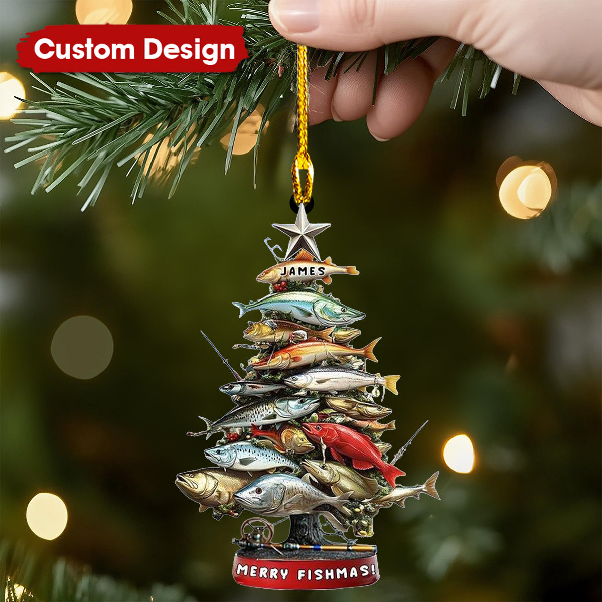 Personalized Fishing Christmas Ornament – Custom Name “Merry Fishmas” Tree for Anglers & Fishermen