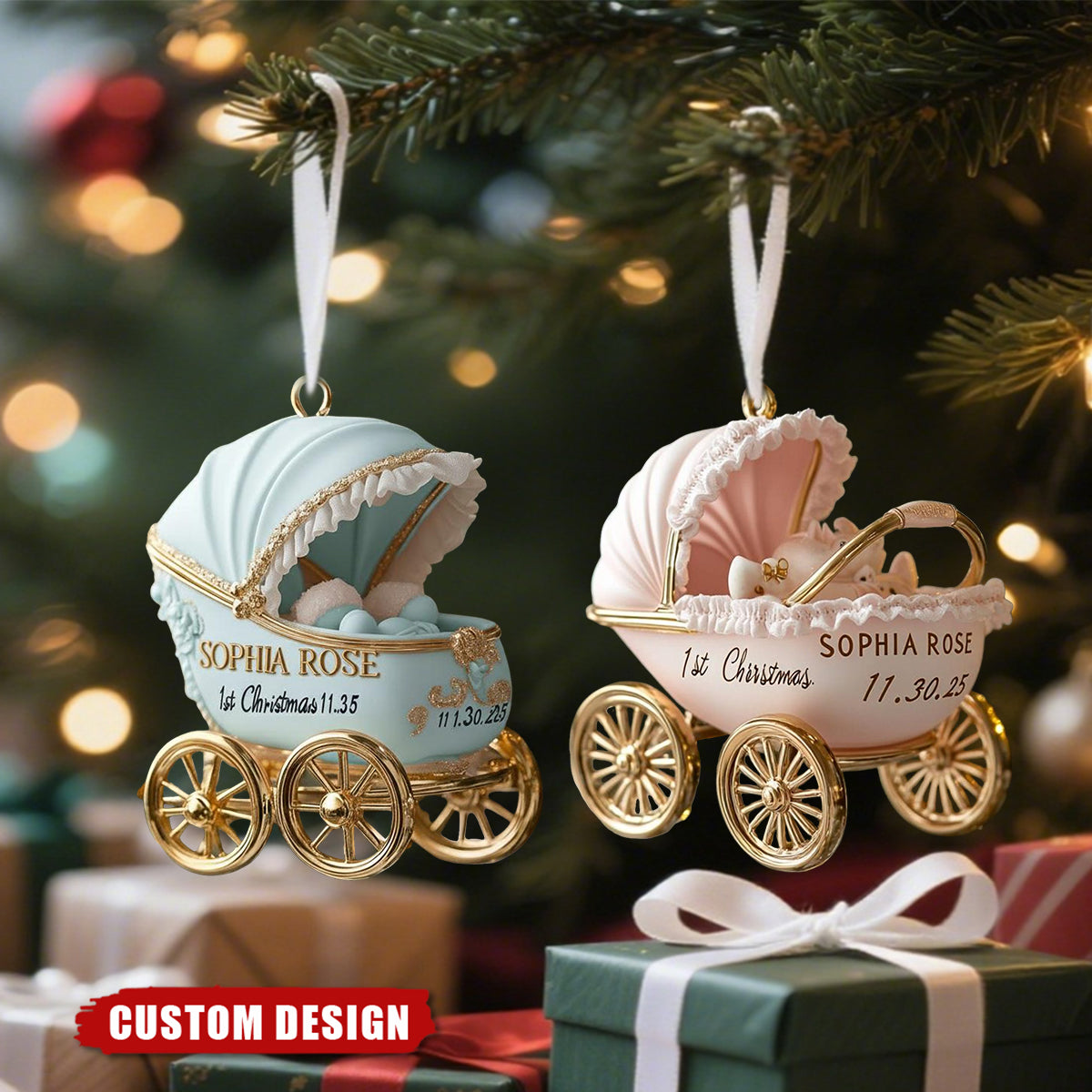 Personalized Baby Carriage Christmas Ornament – Custom Name & Date