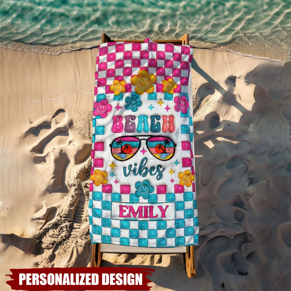 Personalized Beach Vibes Checkerboard Smiley Flower Custom Name Beach Towel