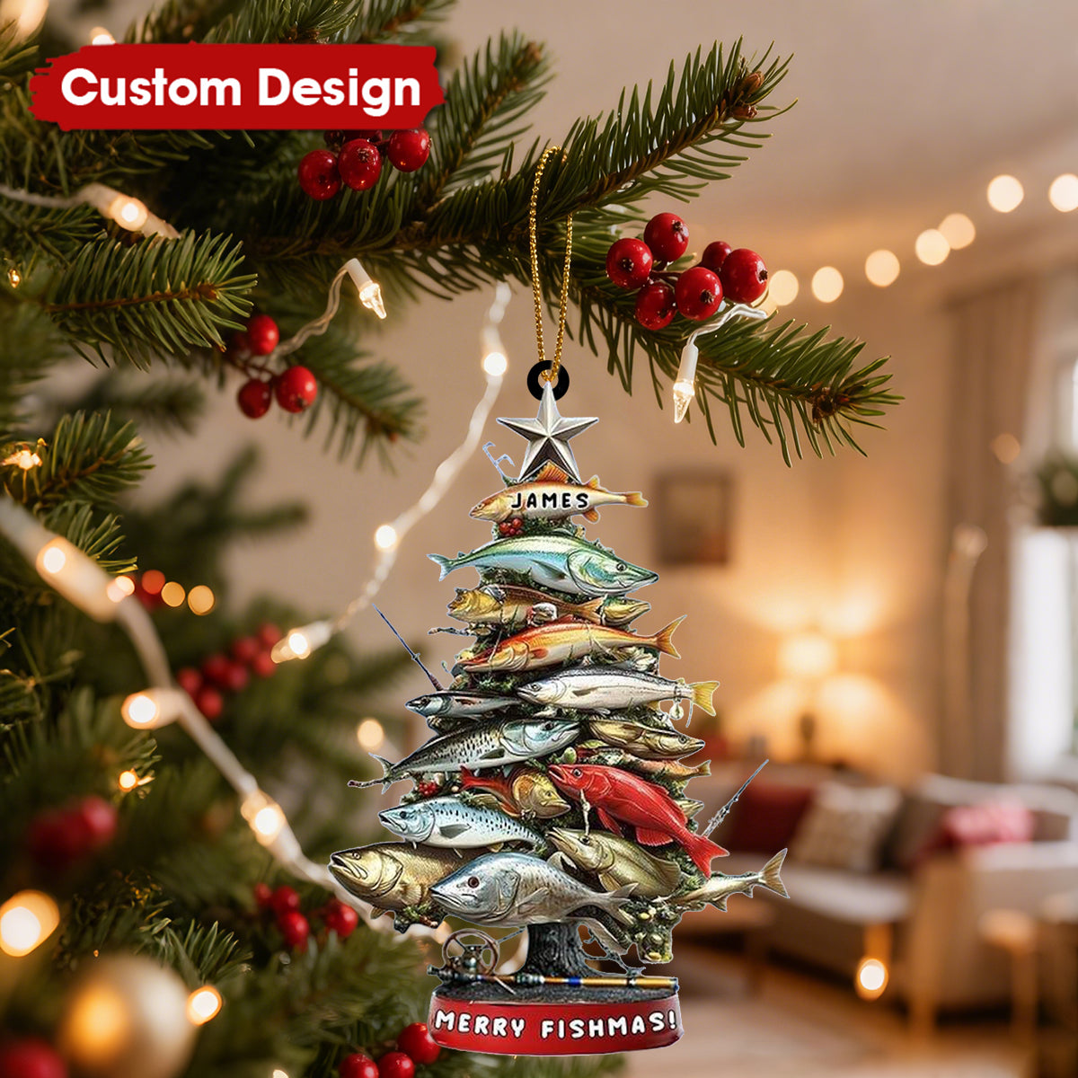 Personalized Fishing Christmas Ornament – Custom Name “Merry Fishmas” Tree for Anglers & Fishermen