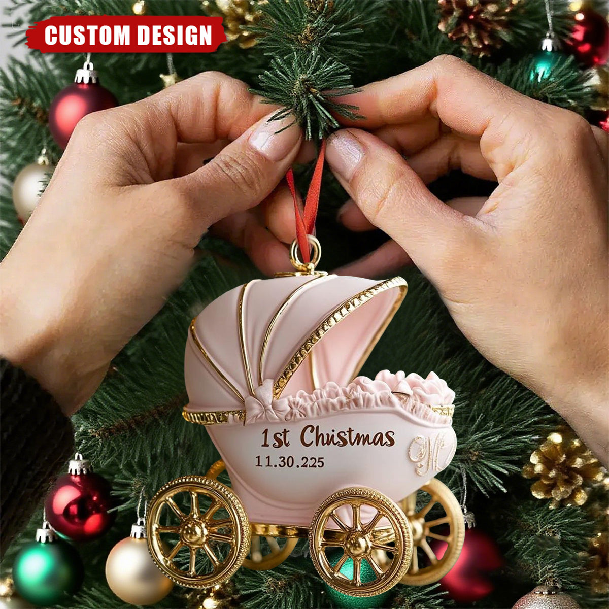 Personalized Baby Carriage Christmas Ornament – Custom Name & Date