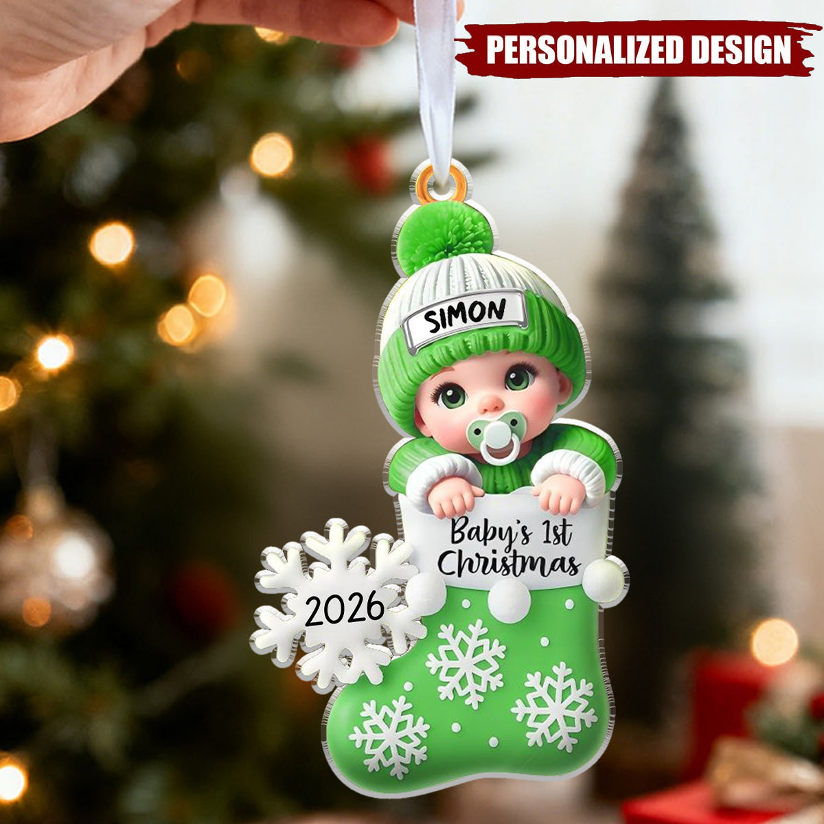 Personalized Snowflake Decorated Stocking Christmas Acrylic Ornament - Custom Baby Name & Year