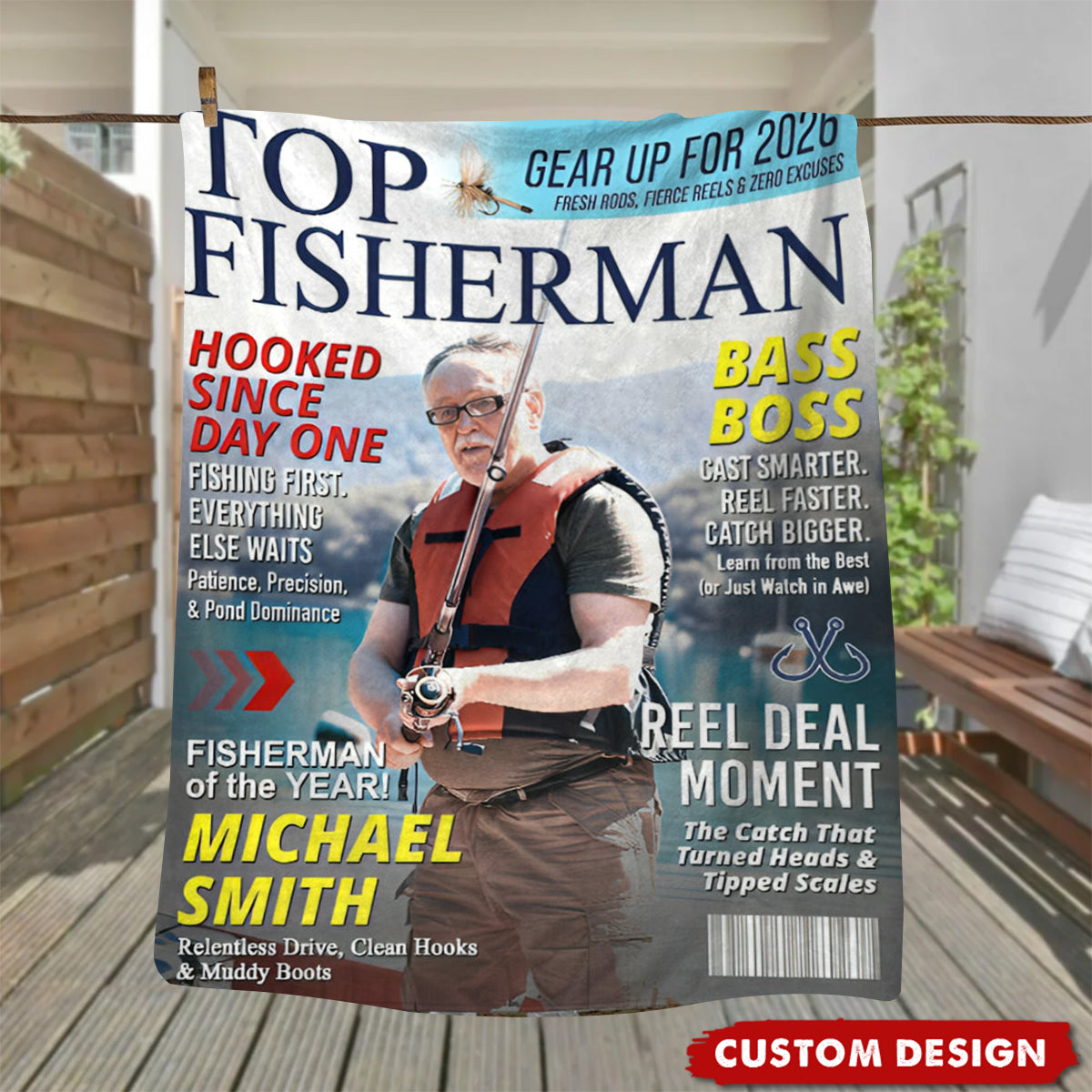 Custom “Top Fisherman” Magazine Cover Blanket – Personalized Fishing Photo Gift