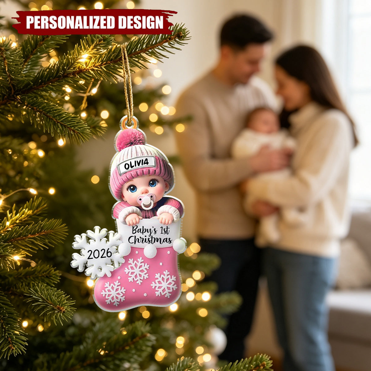 Personalized Snowflake Decorated Stocking Christmas Acrylic Ornament - Custom Baby Name & Year