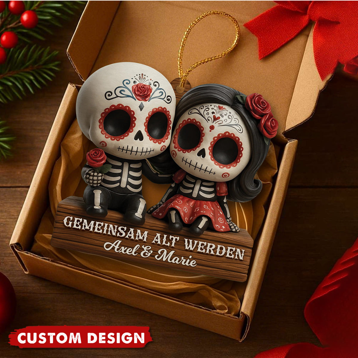 Custom “Growing Old Together” Skull Couple Ornament – Personalized Names Gift for Couples