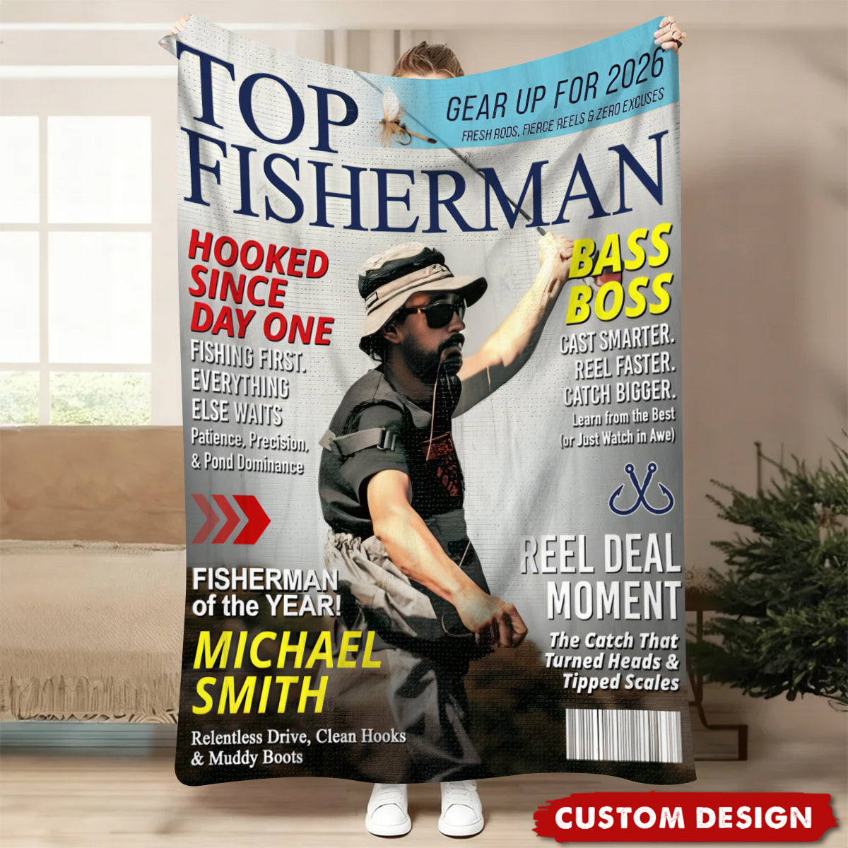 Custom “Top Fisherman” Magazine Cover Blanket – Personalized Fishing Photo Gift