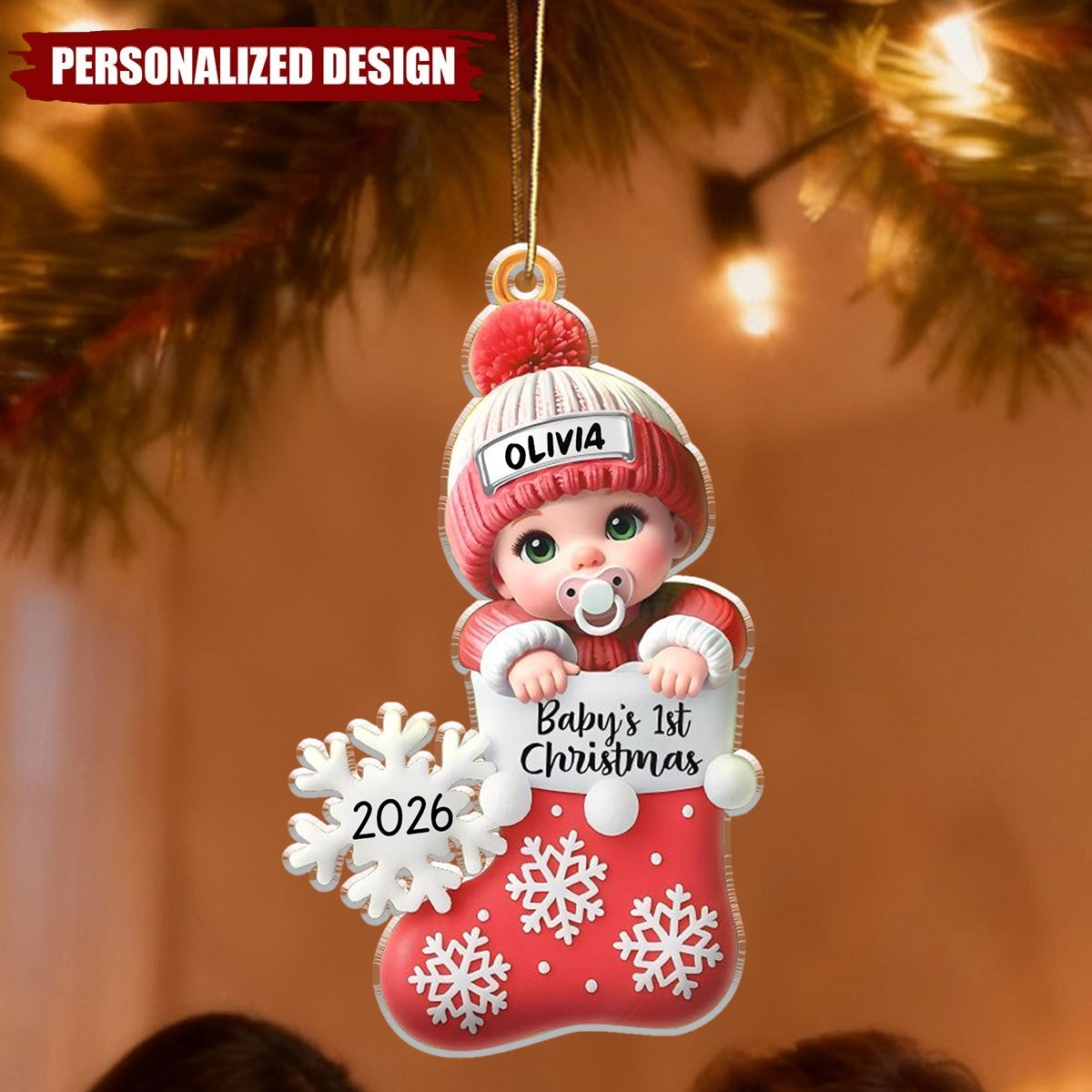 Personalized Snowflake Decorated Stocking Christmas Acrylic Ornament - Custom Baby Name & Year