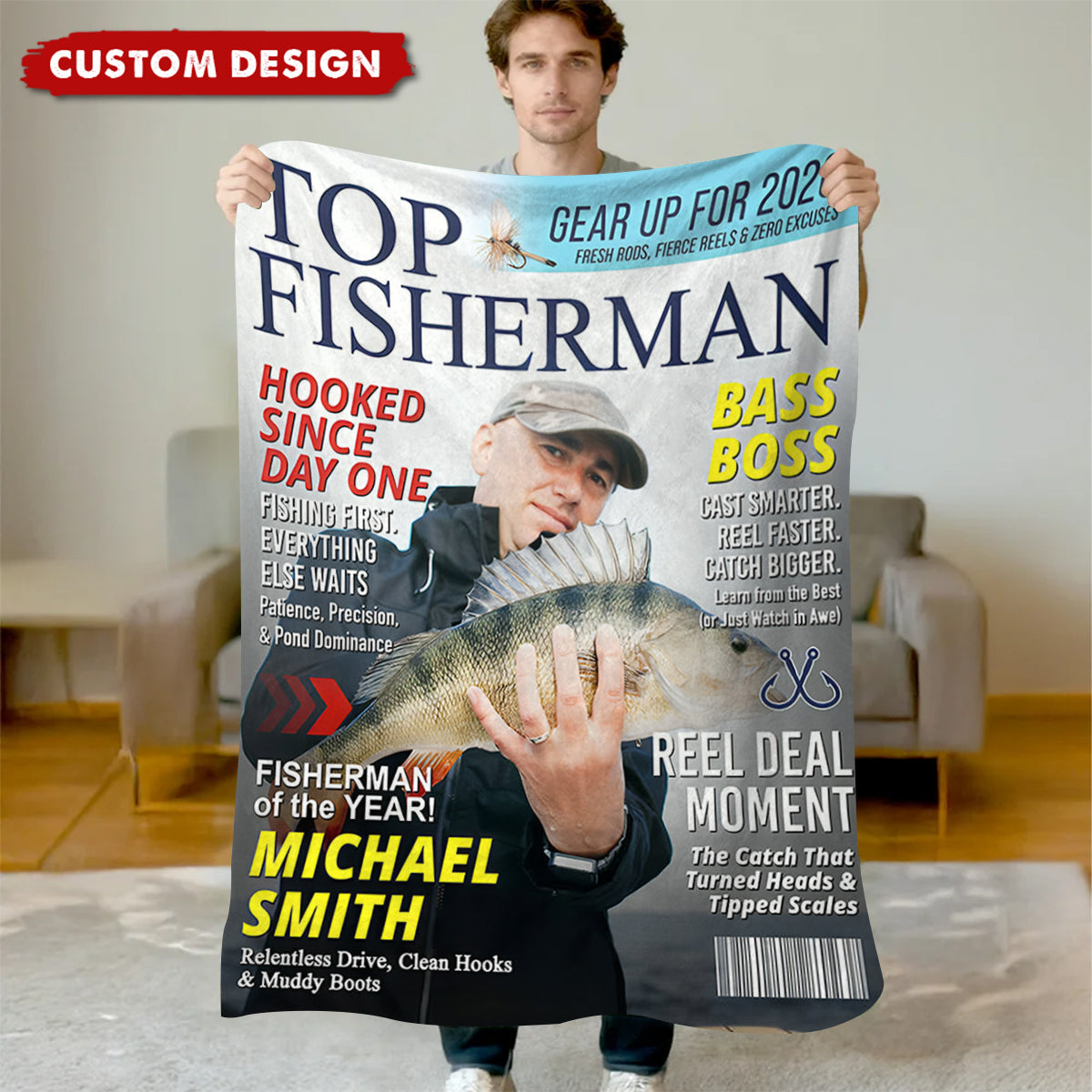 Custom “Top Fisherman” Magazine Cover Blanket – Personalized Fishing Photo Gift