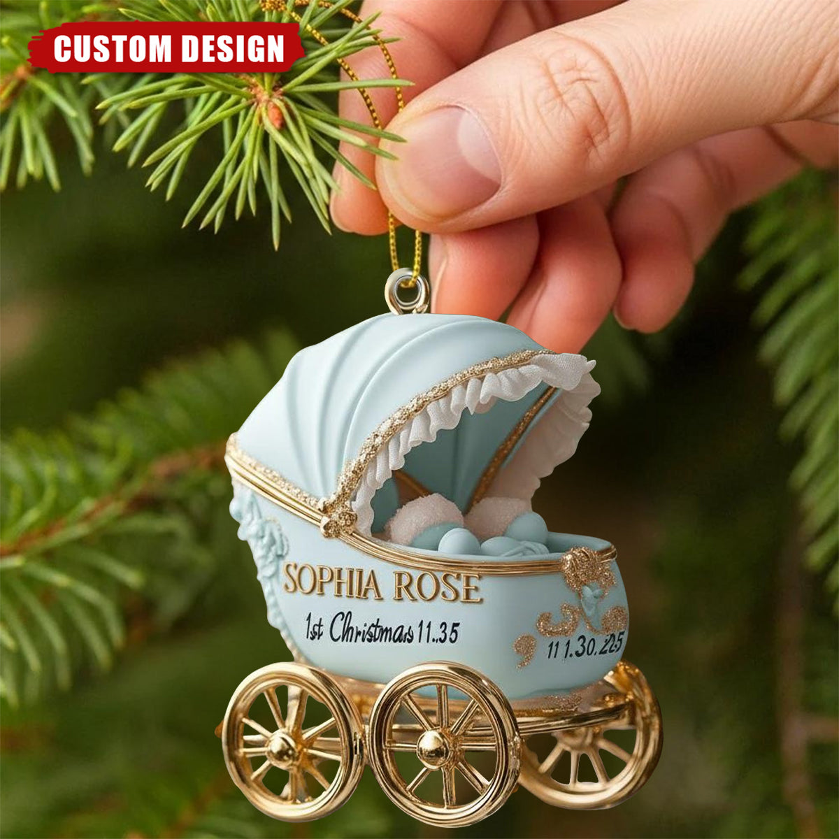 Personalized Baby Carriage Christmas Ornament – Custom Name & Date