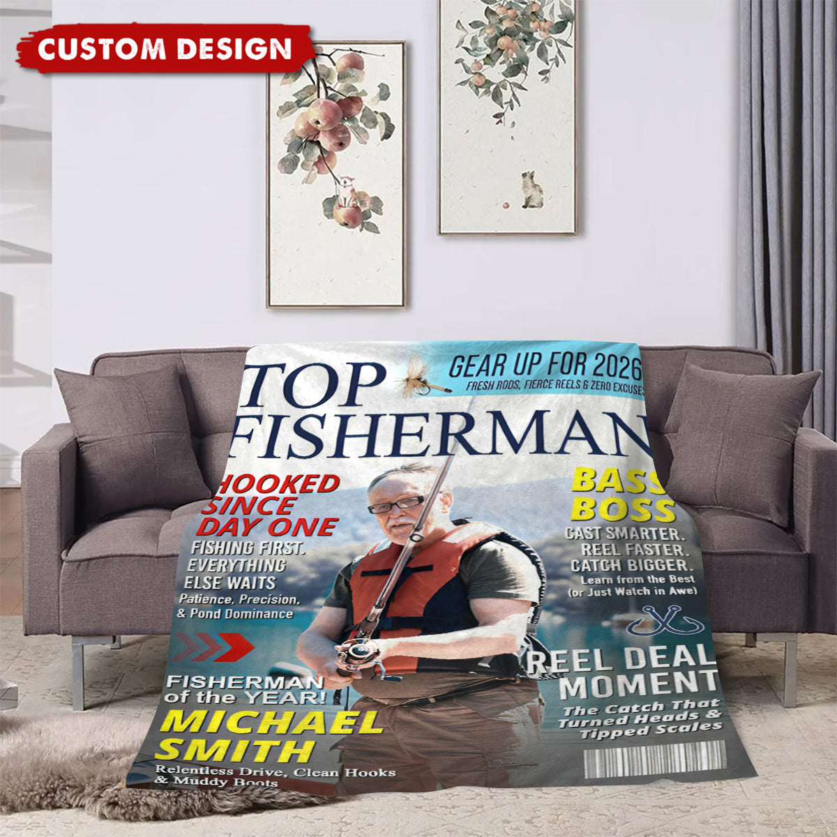 Custom “Top Fisherman” Magazine Cover Blanket – Personalized Fishing Photo Gift