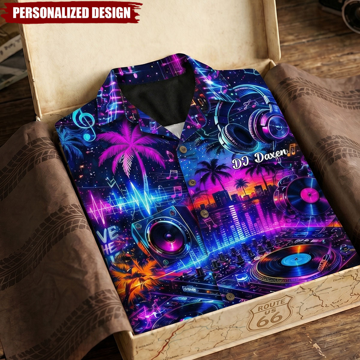 Personalized Neon DJ Turntable Tropical Hawaiian Shirt - Custom DJ Name