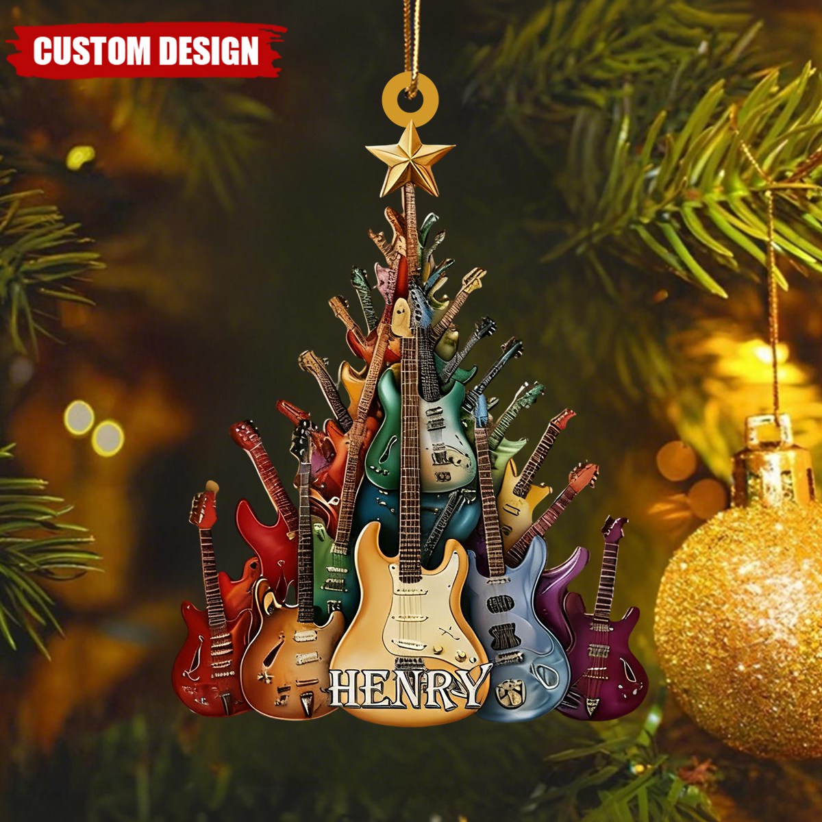 Custom Guitar Tree Christmas Ornament – Personalized Name Music Lover Gift