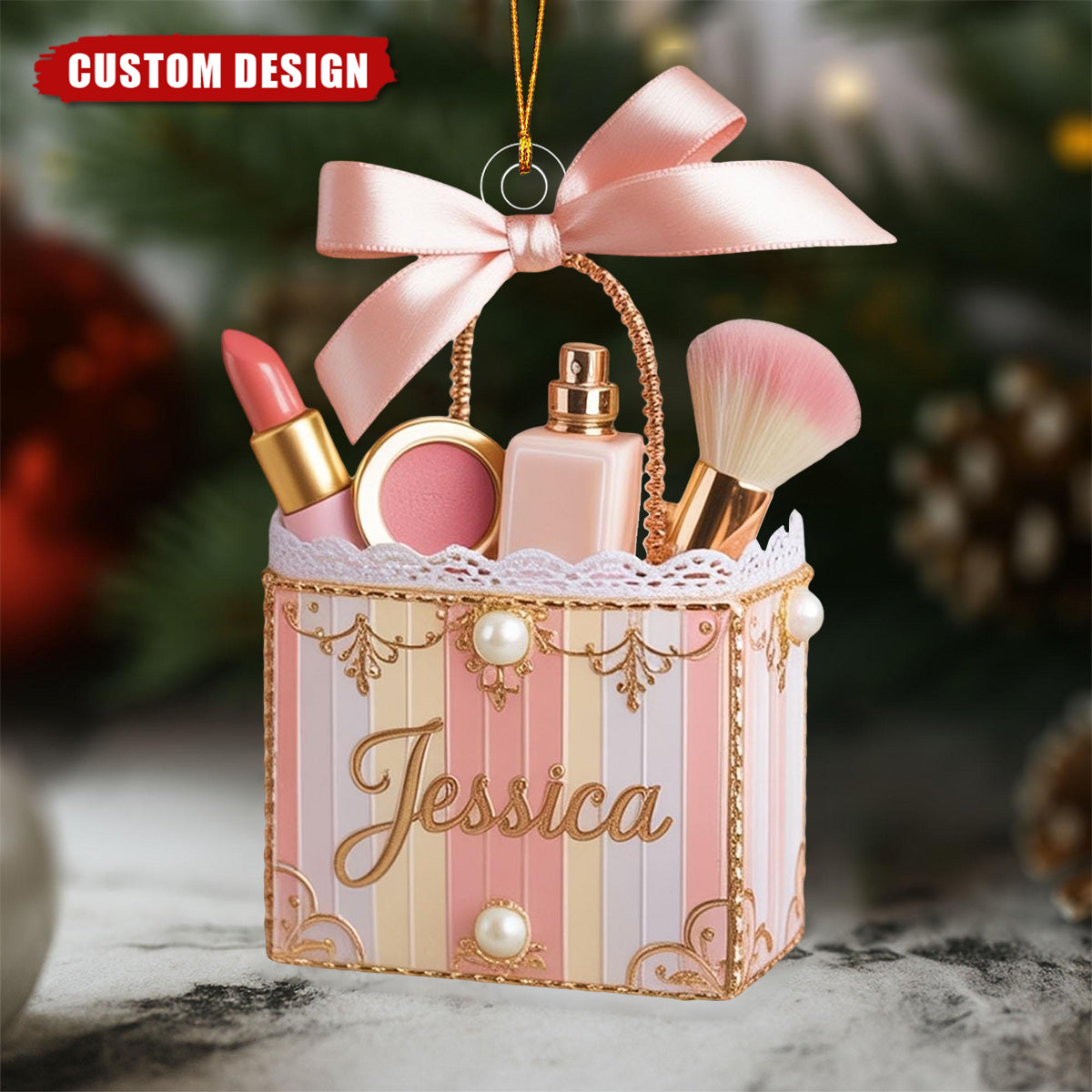 Personalized Makeup Bag Christmas Ornament – Custom Name Beauty Lover Gift