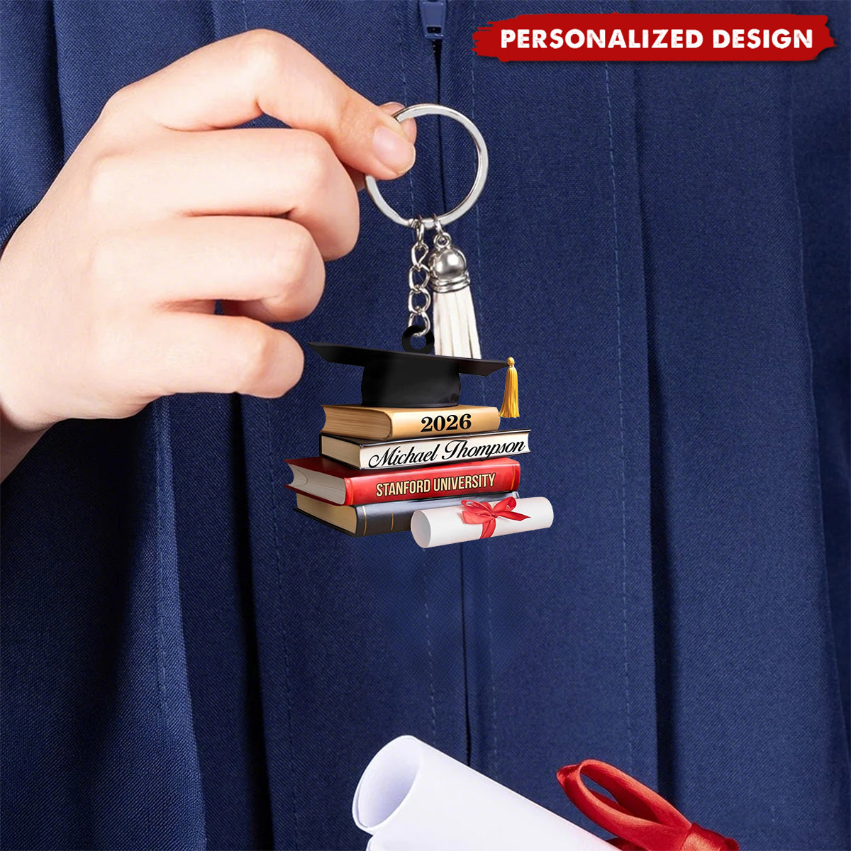 Personalized Cap With Book Graduation Keychain - Custom Name & University Keepsake