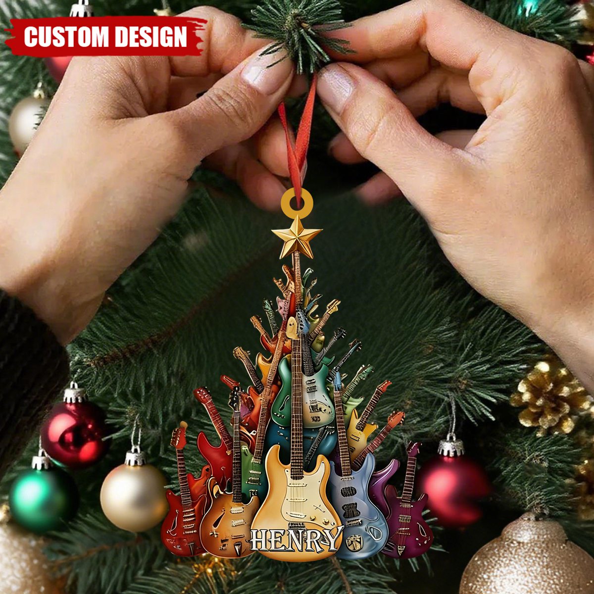 Custom Guitar Tree Christmas Ornament – Personalized Name Music Lover Gift