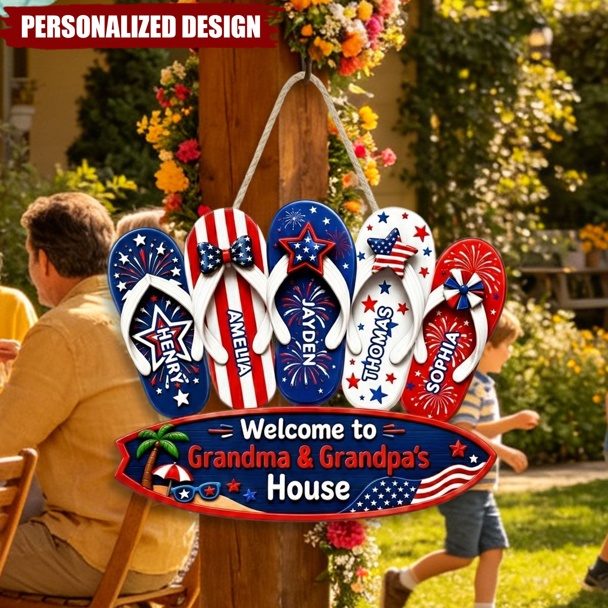 Personalized Patriotic Flip Flop USA Flag Welcome Door Sign