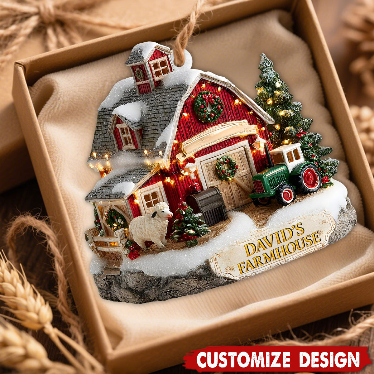 Custom Farmhouse Christmas Ornament – Personalized Barn, Tractor & Name Gift