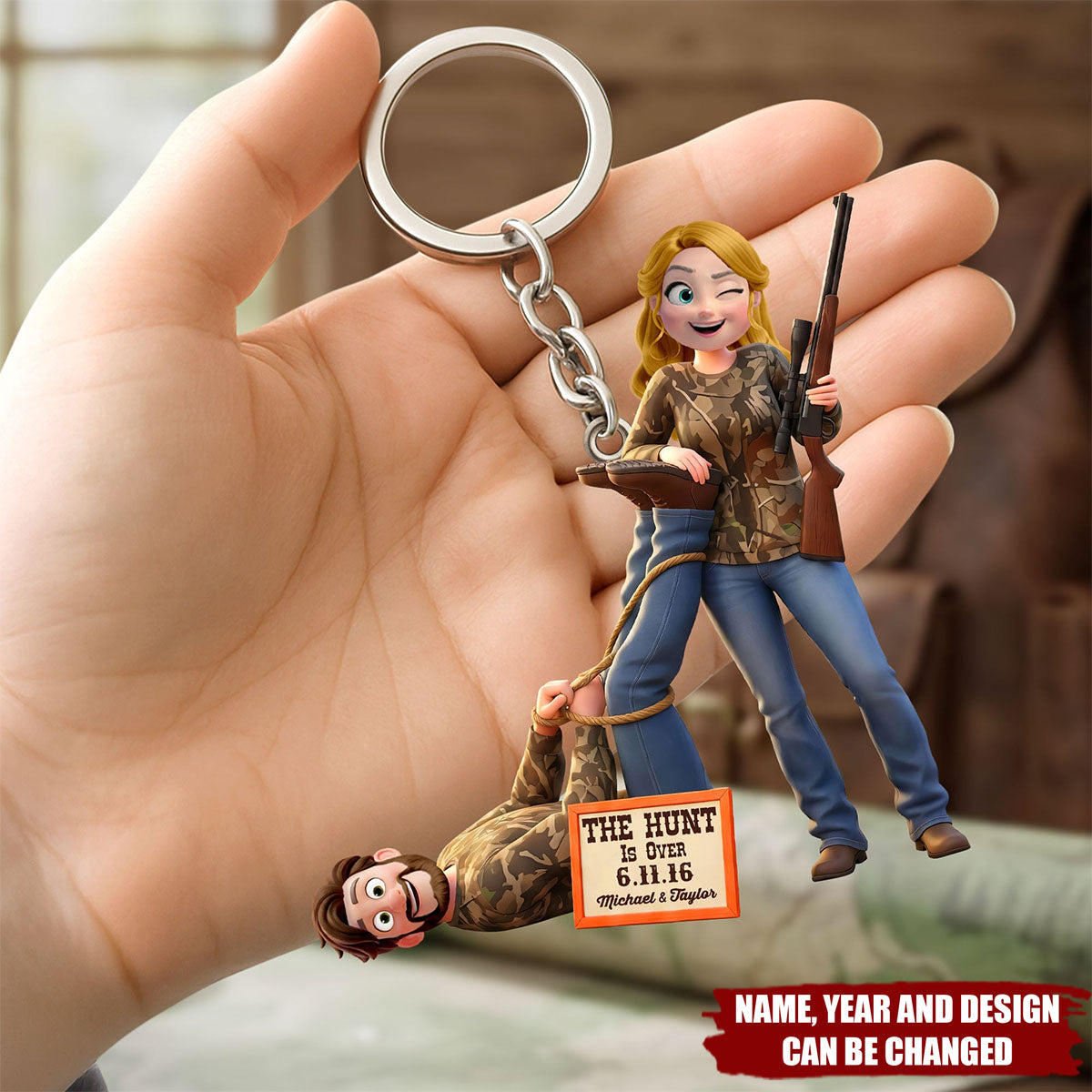 Personalized Couple Hunting Keychain – Custom Name & Date Funny Engagement Gift