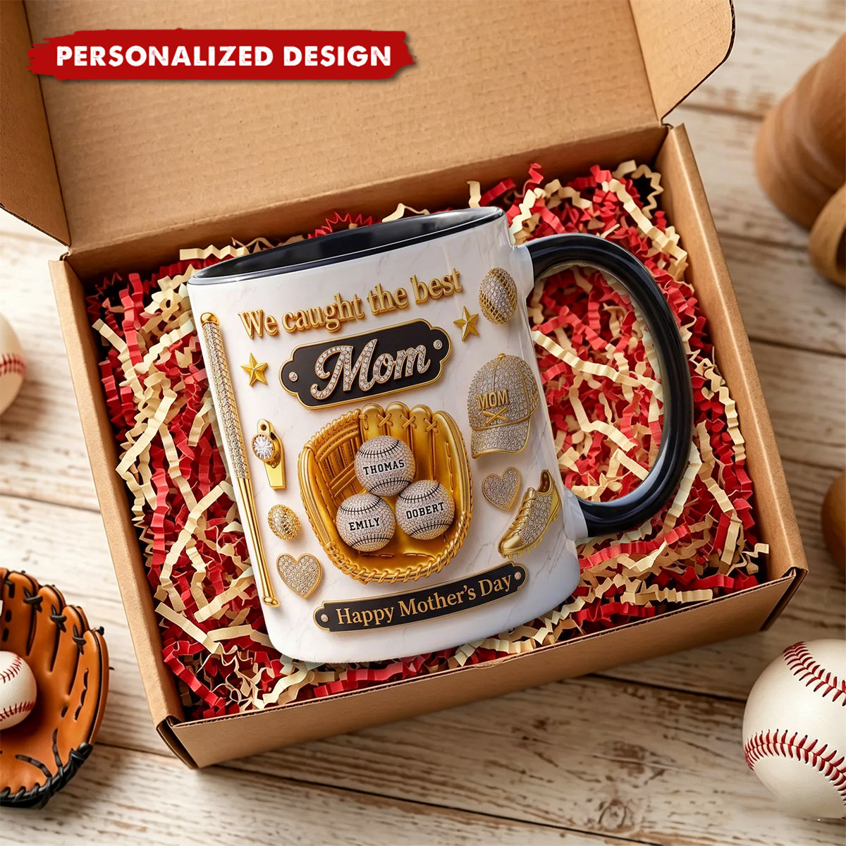 Personalized Baseball We Caught The Best Mom Mug - Custom Kids Names Mother's Day Gift