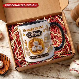 Personalized Baseball We Caught The Best Mom Mug - Custom Kids Names Mother's Day Gift