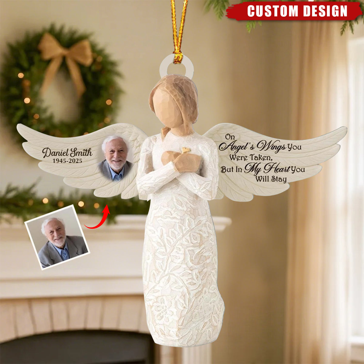 Custom Angel Memorial Ornament – “On Angel’s Wings” Personalized Photo Tribute