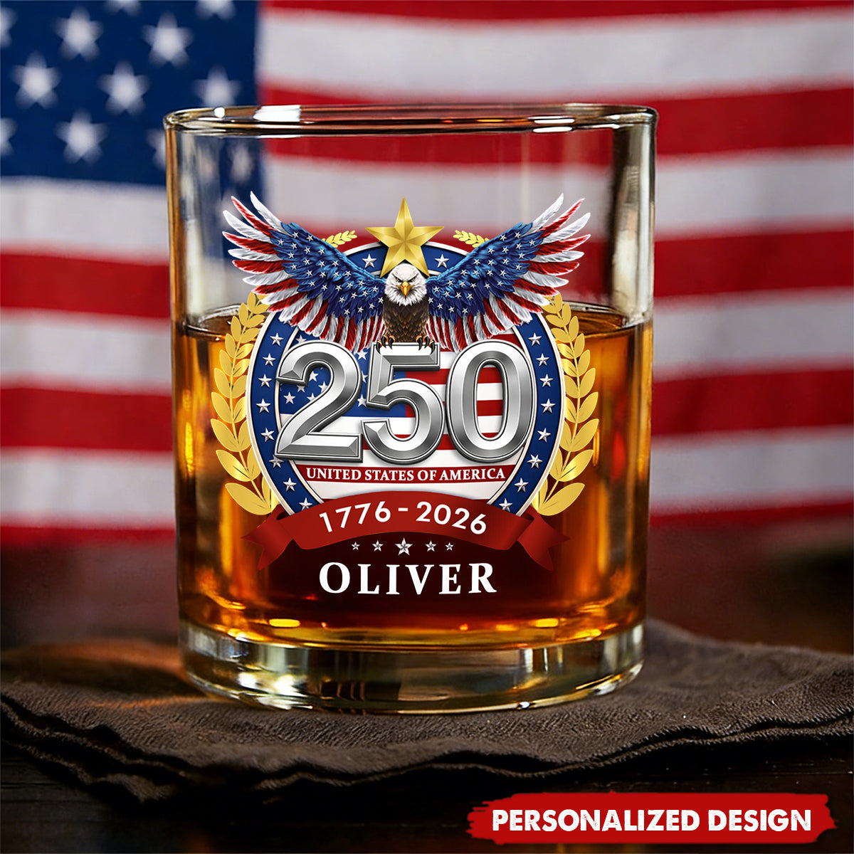 Personalized 250th Anniversary American Eagle Whiskey Glass – Custom Name Patriotic Gift