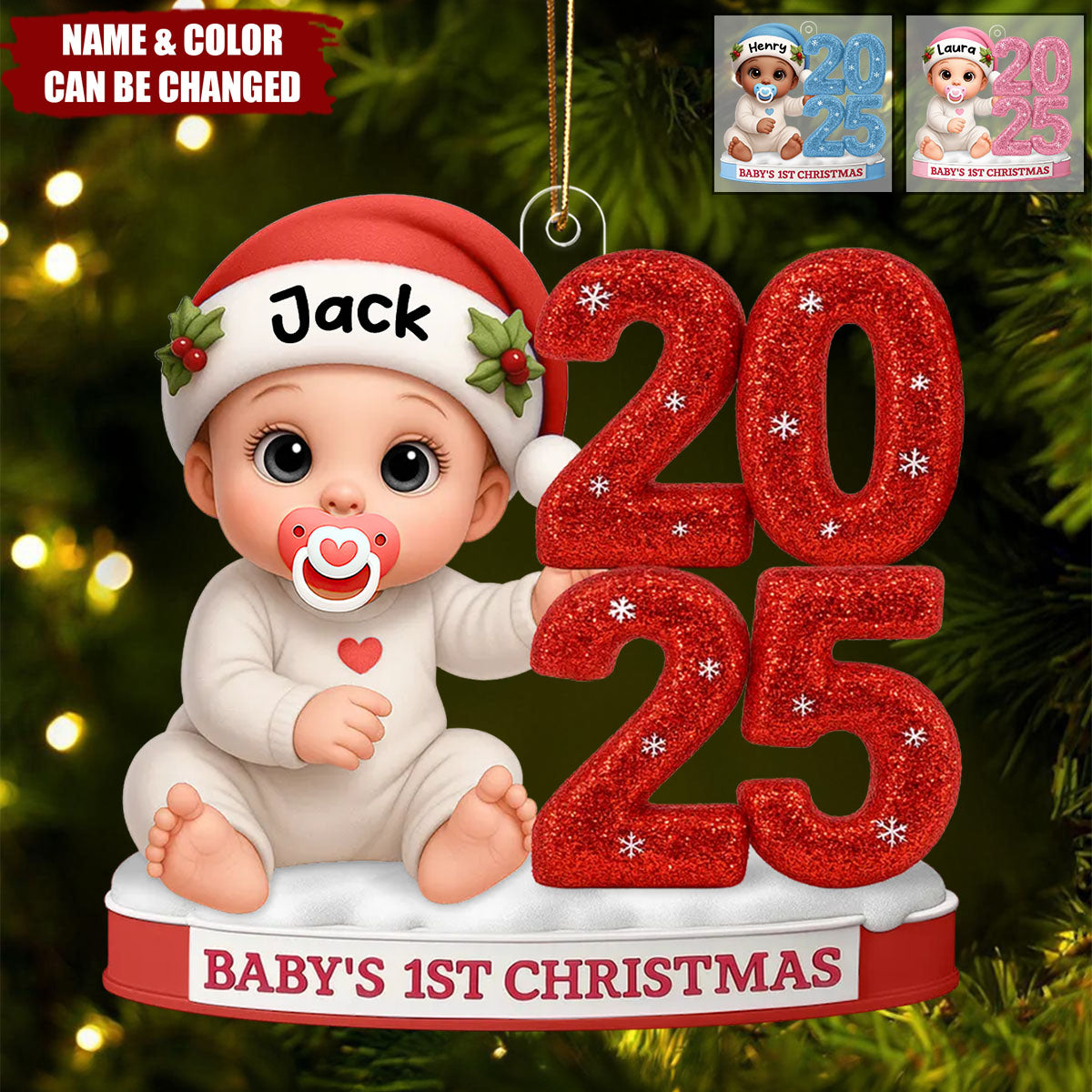 Baby’s First Christmas Ornament 2025 – Customizable Name & Color Design