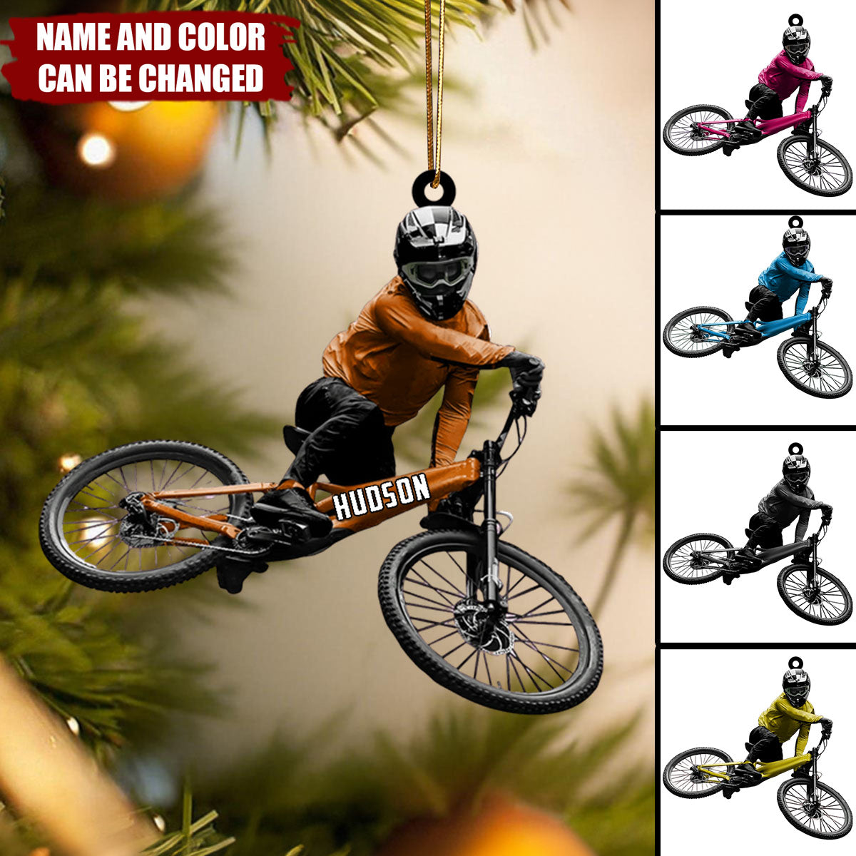 Personalized Mountain Biker Christmas Ornament – Custom Name & Color MTB Rider Gift