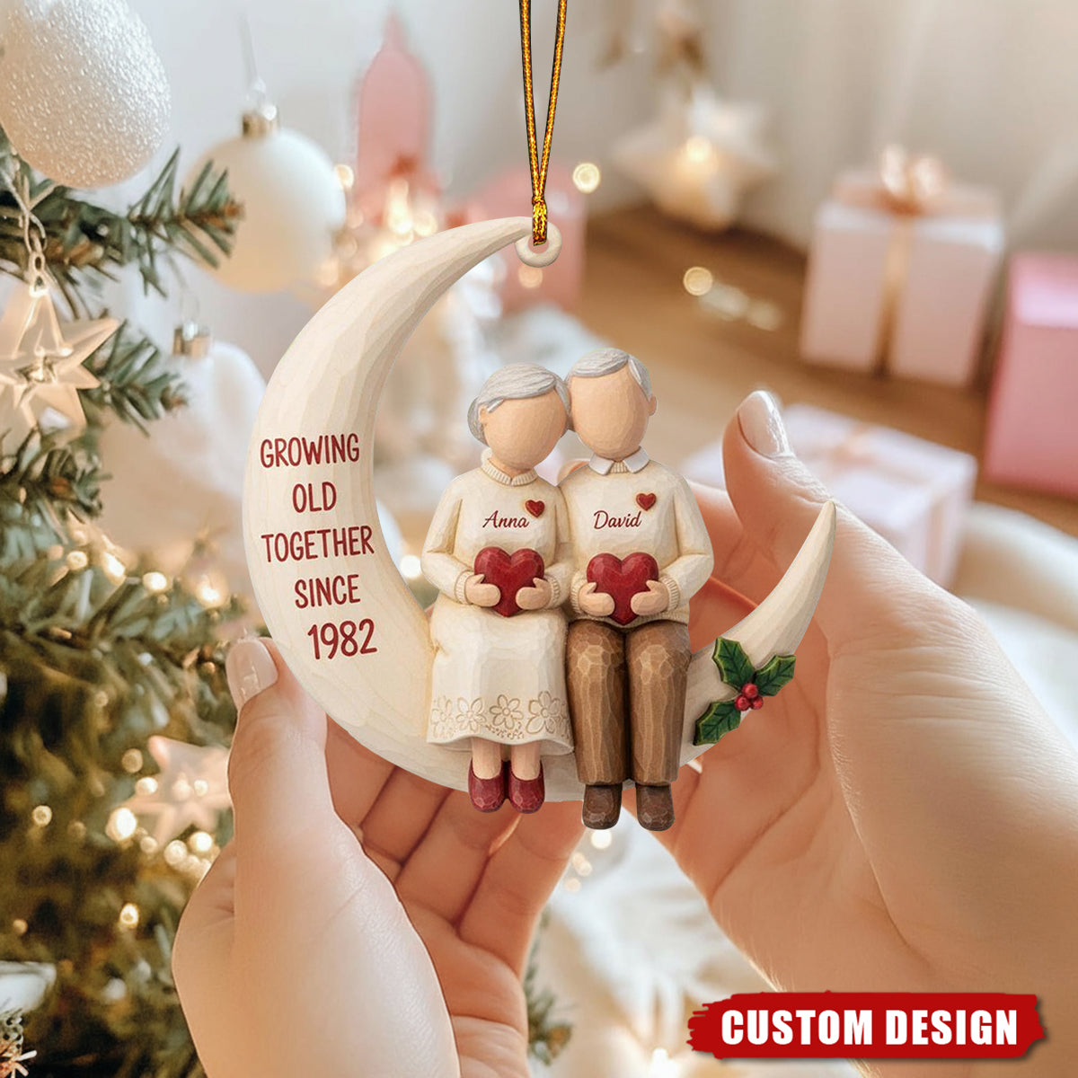 Personalized “Growing Old Together” Elderly Couple Moon Ornament – Custom Names & Anniversary Year