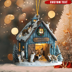 Personalized Cat Barn Christmas Ornament – Custom Text Gift for Cat Lovers