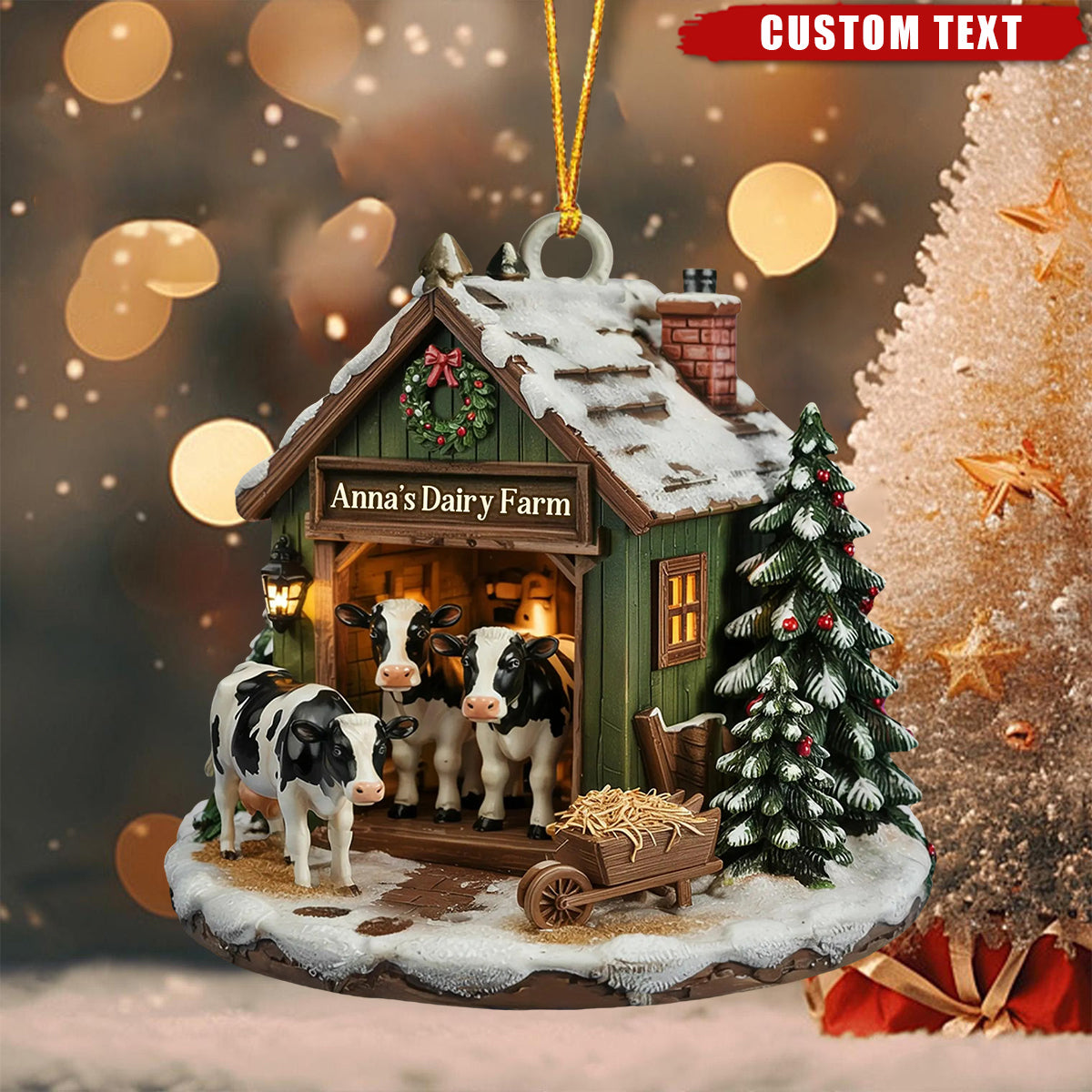 Custom Dairy Farm Christmas Ornament – Personalized Barn with Cows