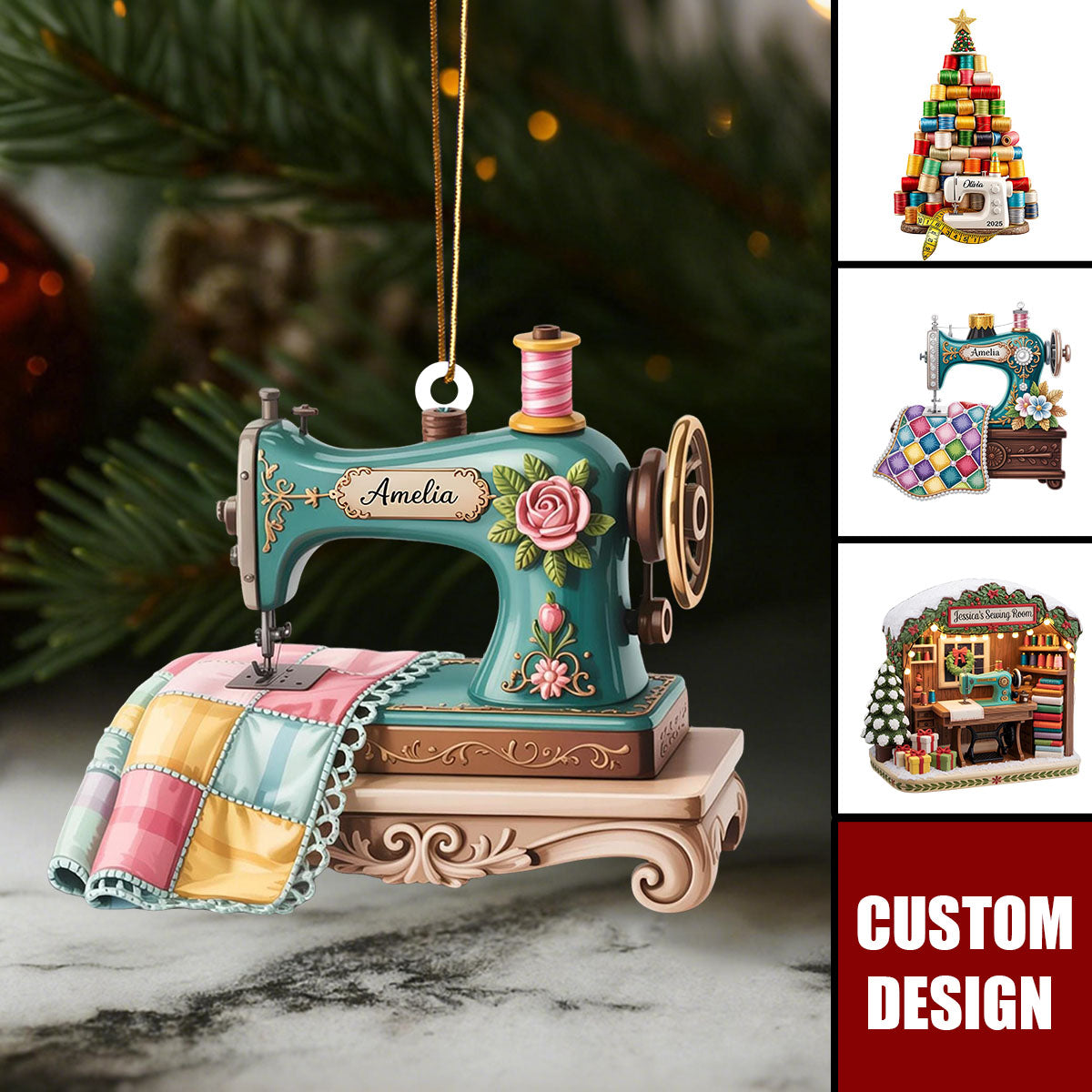 Personalized Vintage Sewing Machine Ornament – Custom Name Quilter Gift