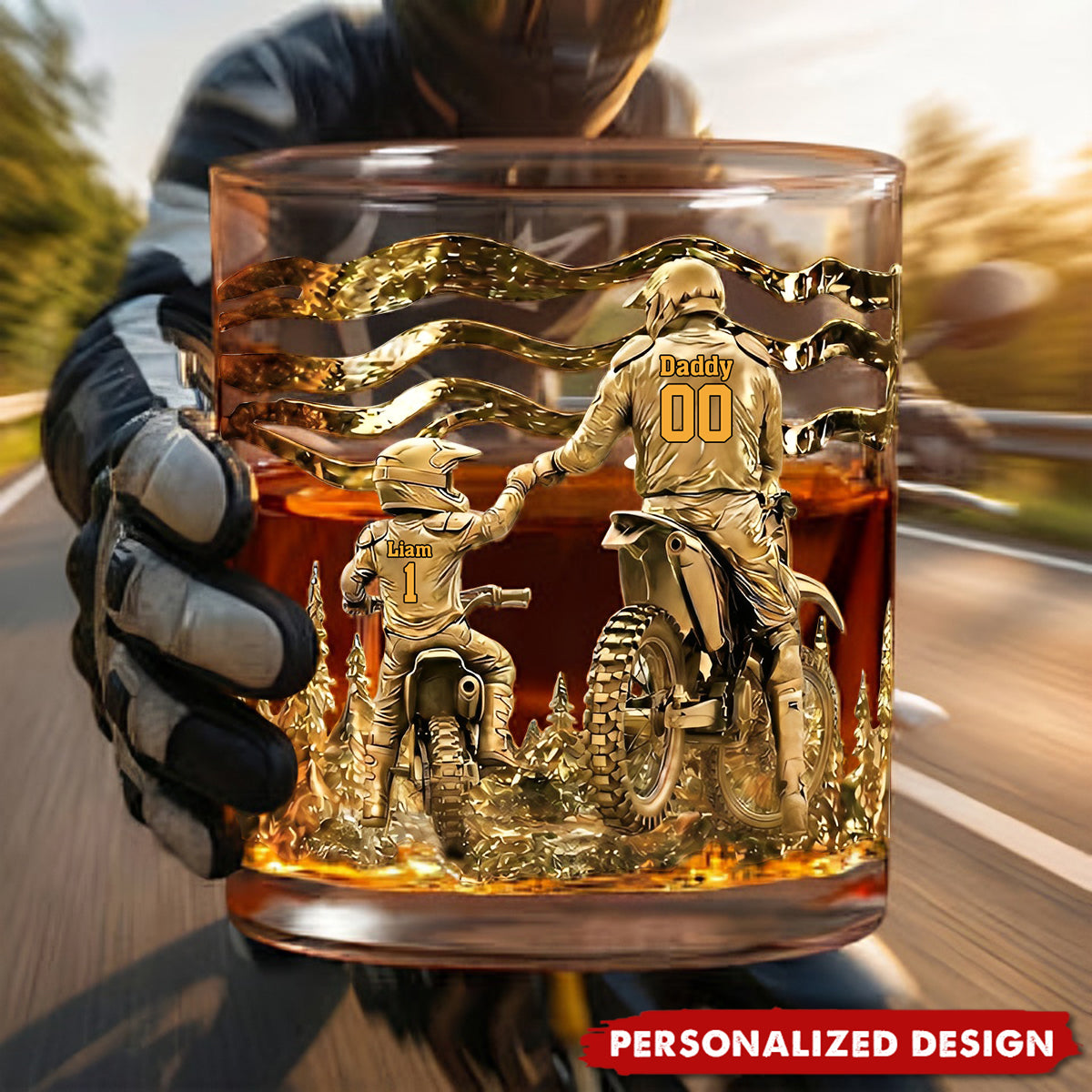 Personalized Dirt Bike Father & Child Whiskey Glass - Custom Names & Numbers