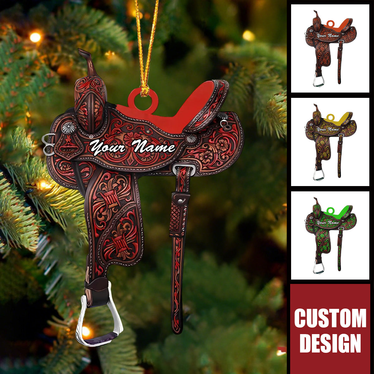 Custom Western Saddle Ornament – Personalized Name Christmas Horse Lover Gift
