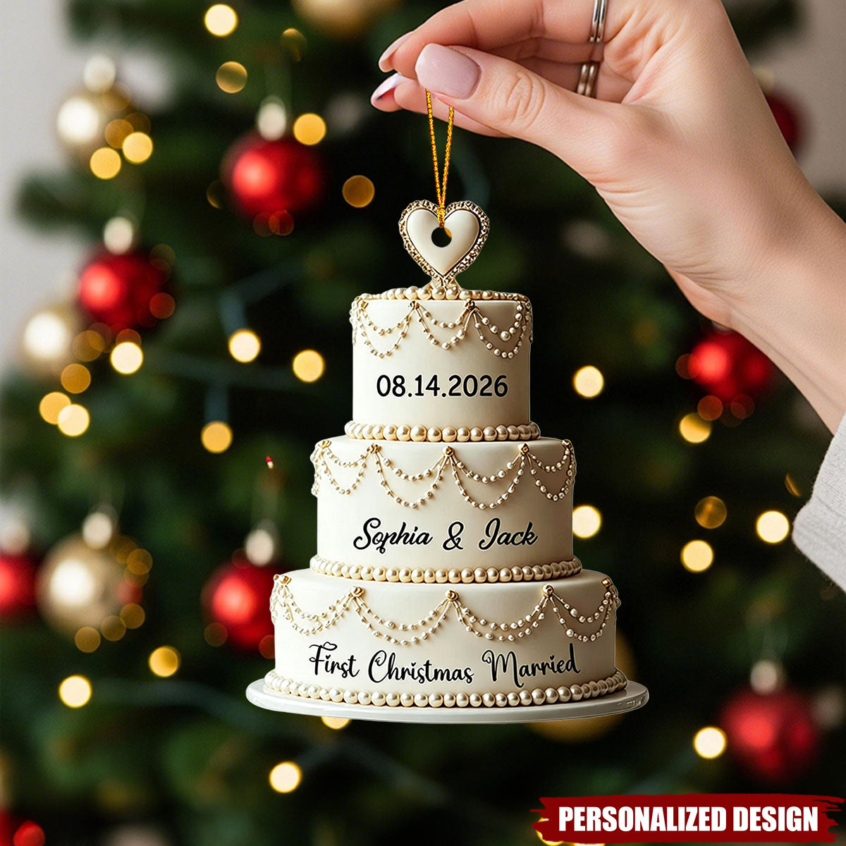 Personalized Luxury Pearl Wedding Cake Christmas Ornament - Custom Date and Name