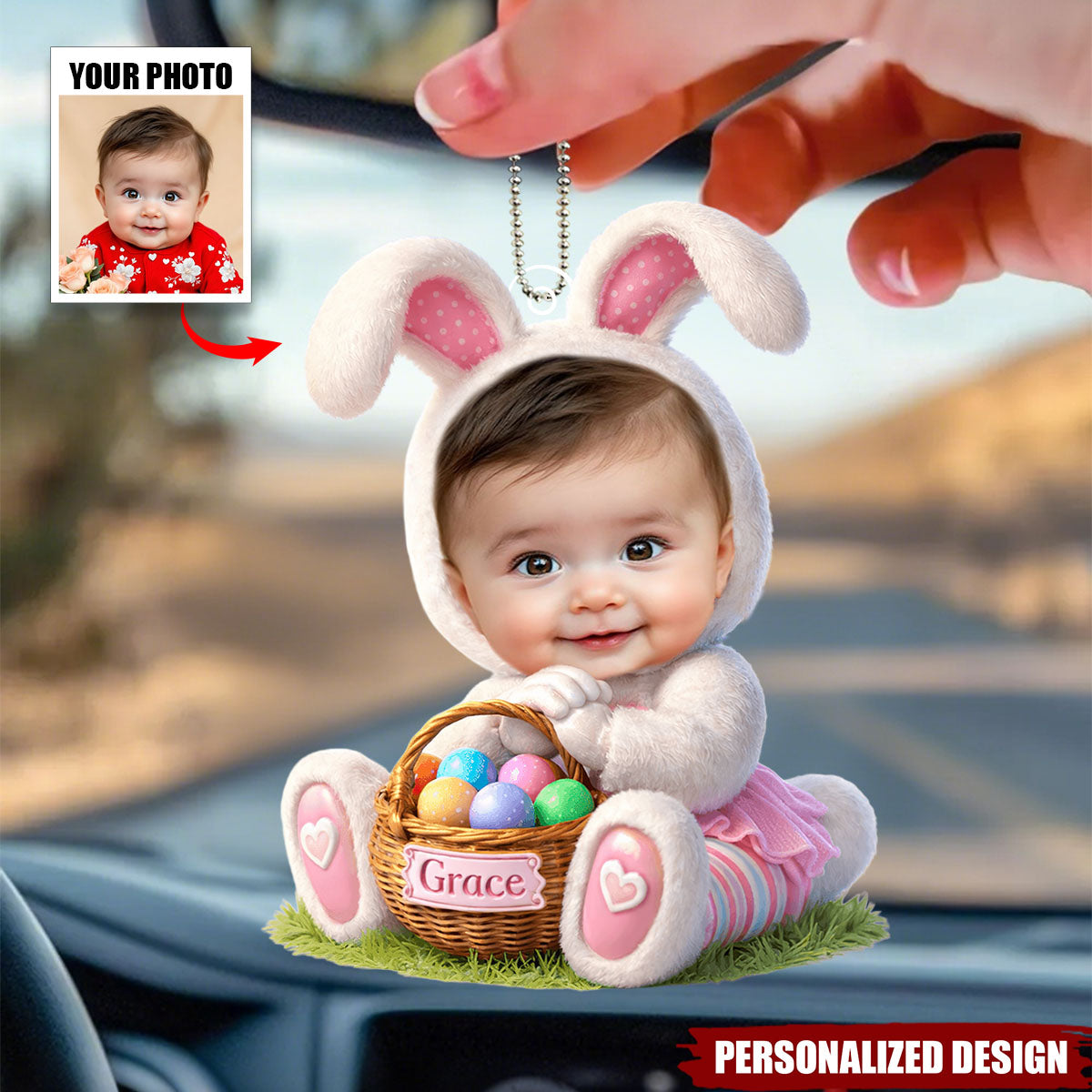 Personalized Easter Bunny Baby Car Ornament - Custom Photo & Name Easter Keepsake Hanger